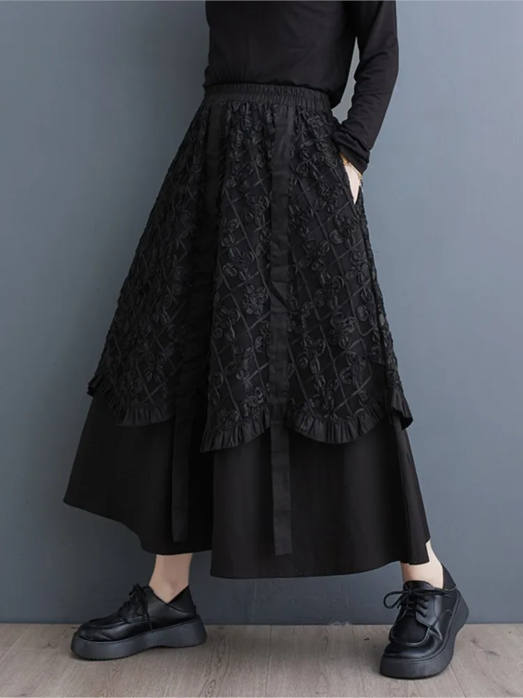 Oversized Spring Midi Skirts Women Embroidery Patchwork Korean Style Loose Ruffle Pleated Ladies Skirts High Waist Woman Skirts