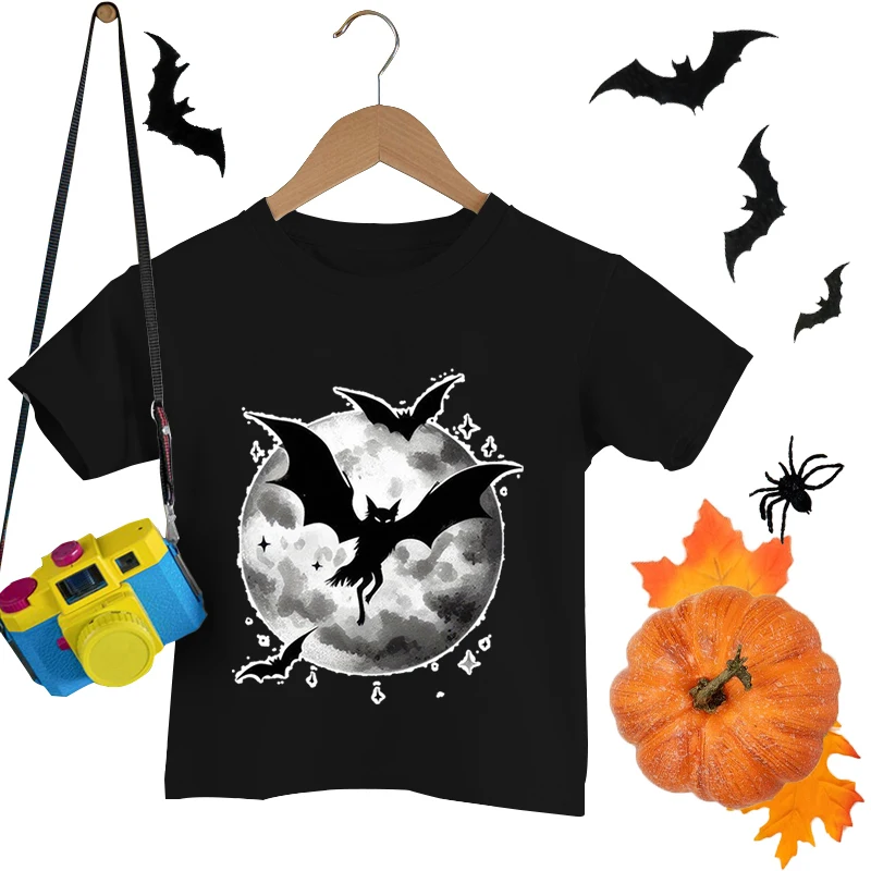 

Halloween Bat Moon Print T-shirts Children Short Sleeves Round Neck Tops Boys Girls Happy Halloween T-shirt