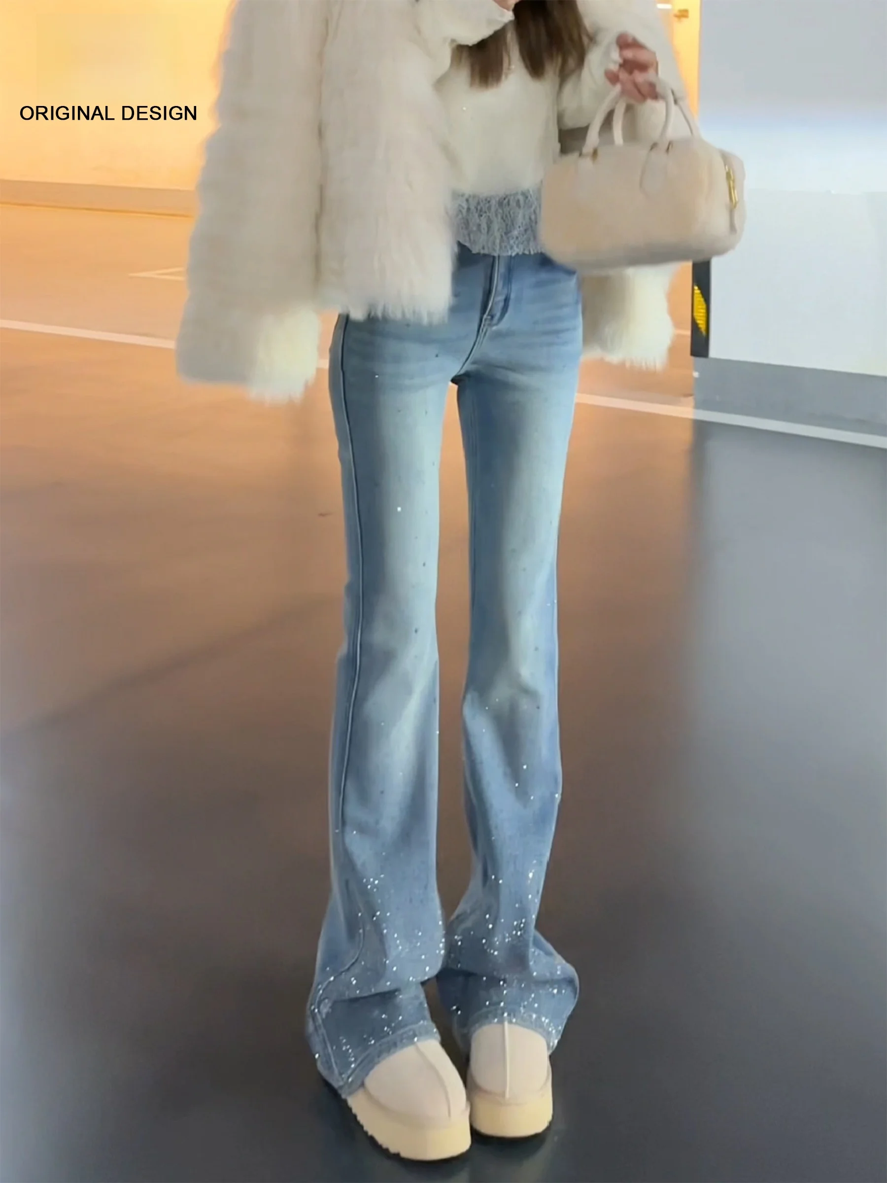 

High Waist Slim Fit Bell Bottom Jeans Women's Light Blue American Design Sense Rhinestone Casual Spring Summer Jeans