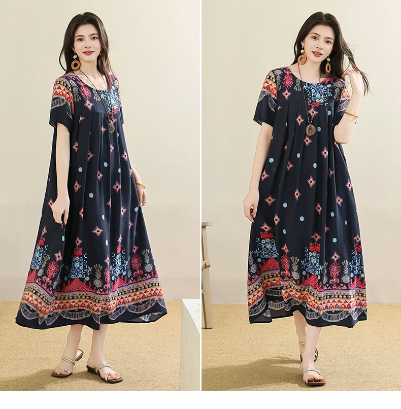 New 2025 Summer Dress For Women Plus Size Dress Casual Short Sleeve Boho Vintage Print Long Maxi Dress Beach Women Clothing