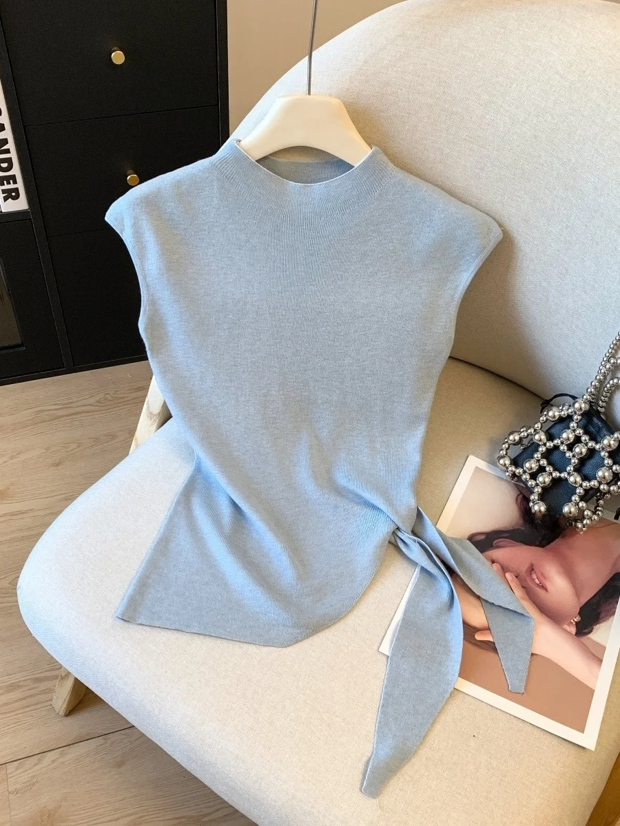

Korean Style Ice Silk Half High Collar Short Sleeve Knitted Top Women Summer New Design Side Tie Sleeve Trendy Shirt
