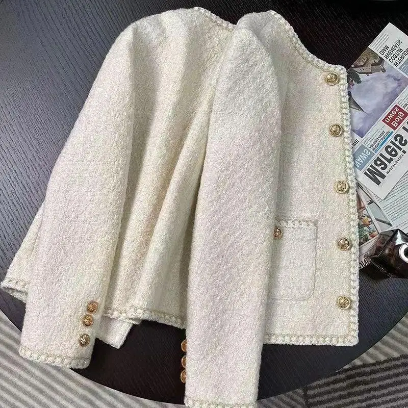 

Tweed Jacket Cream Beige Womens Autumn Diagonal Ribbed Knitted High-Collar Stand-Collar Turtleneck Warm Thermal High-Neck Gentle