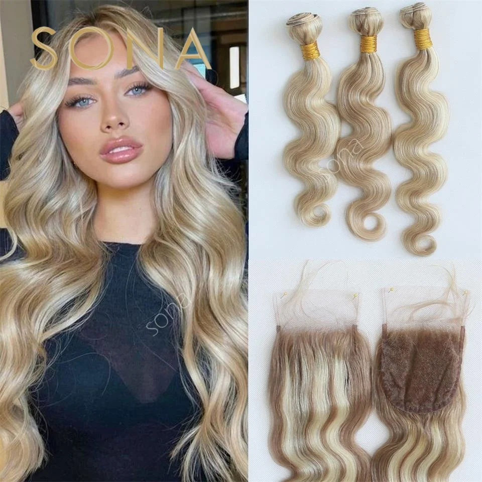 Piano Color P8/613 Color Wavy Human Hair 4x4 Lace Closure Bundles Brown and Honey Blonde Highlight 13x4 Transparent Lace Frontal
