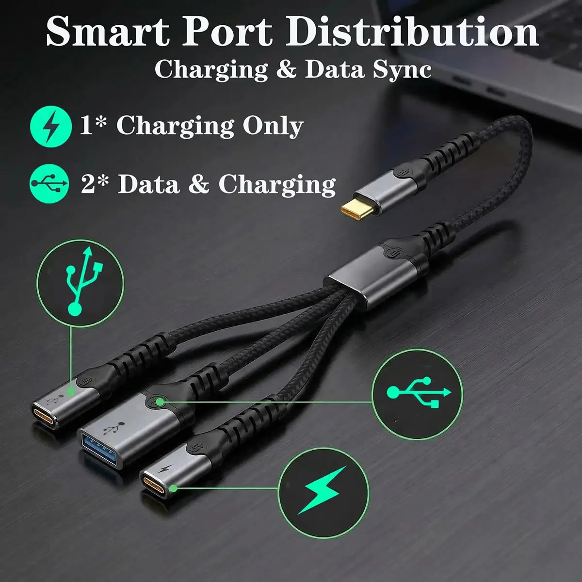 USB C OTG Adapter, 3-in-1 TYPE C Splitter with 60W PD Fast Charging USB-C Male to Dual Female And USB A Female Adapter Cable