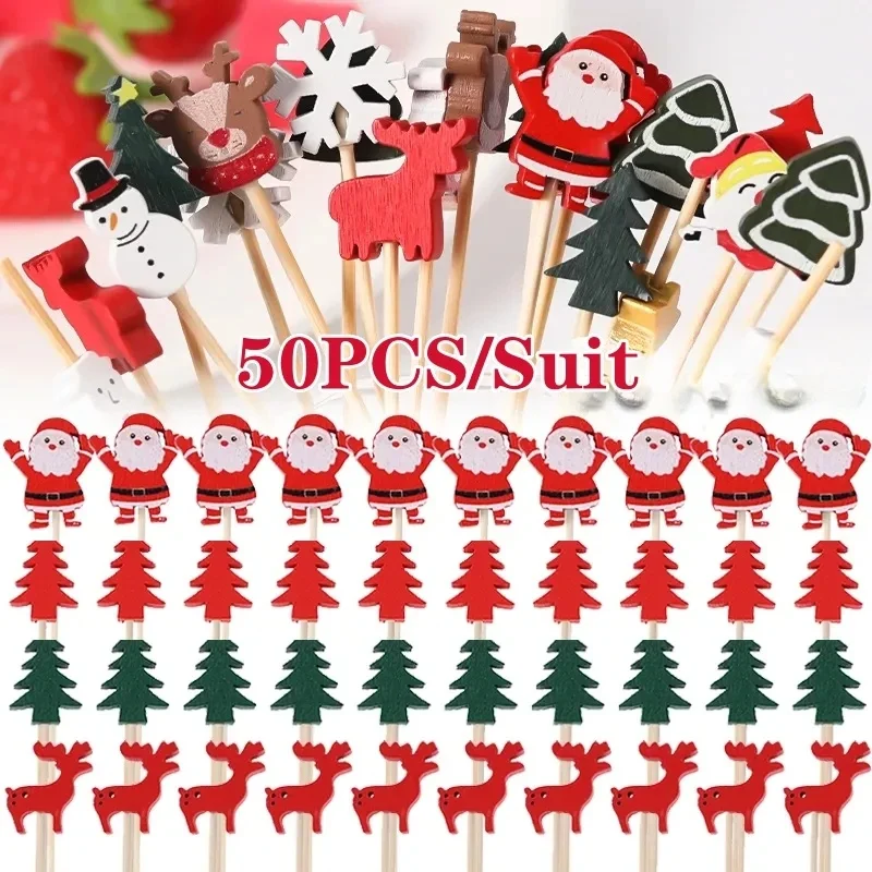 50Pcs/set Christmas Fruit Sticks Disposable Bamboo Sticks Snowflake Christmas Tree Elk Santa Claus Snowman Sticks Xmas Ornaments