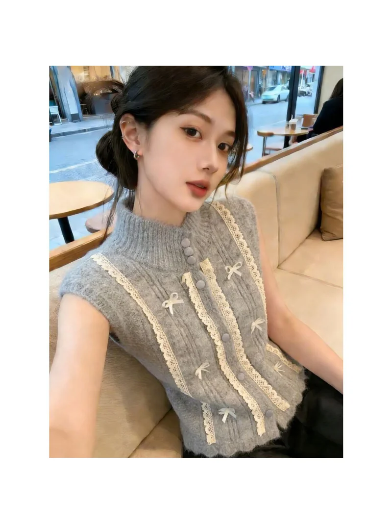Korean Style  Knot Lace Splice Knitted Vest Women's Fashionable Top Light Luxury High End Spring Cleanfit Sleeveless