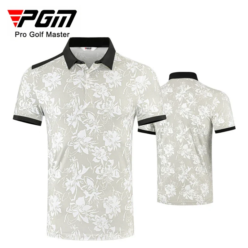 PGM Men Golf Short Sleeved T-shirt with Digital Printing Summer Quick Drying Polo Shirt Top YF806