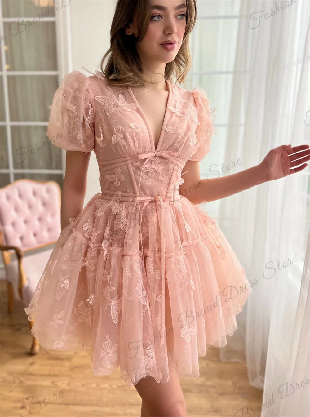 Off-the-shoulder V-Neck Homecoming Dresses for Teens 3D Floral Butterfly Backless Prom Gown A-line Short Sleeves Graduation Gown