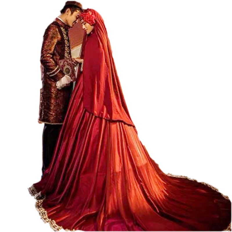 Muslim Wedding Dress Satin for Man and Women Sets Long Sleeve Red Islamic Muslim Goods Arabic Wedding Dress