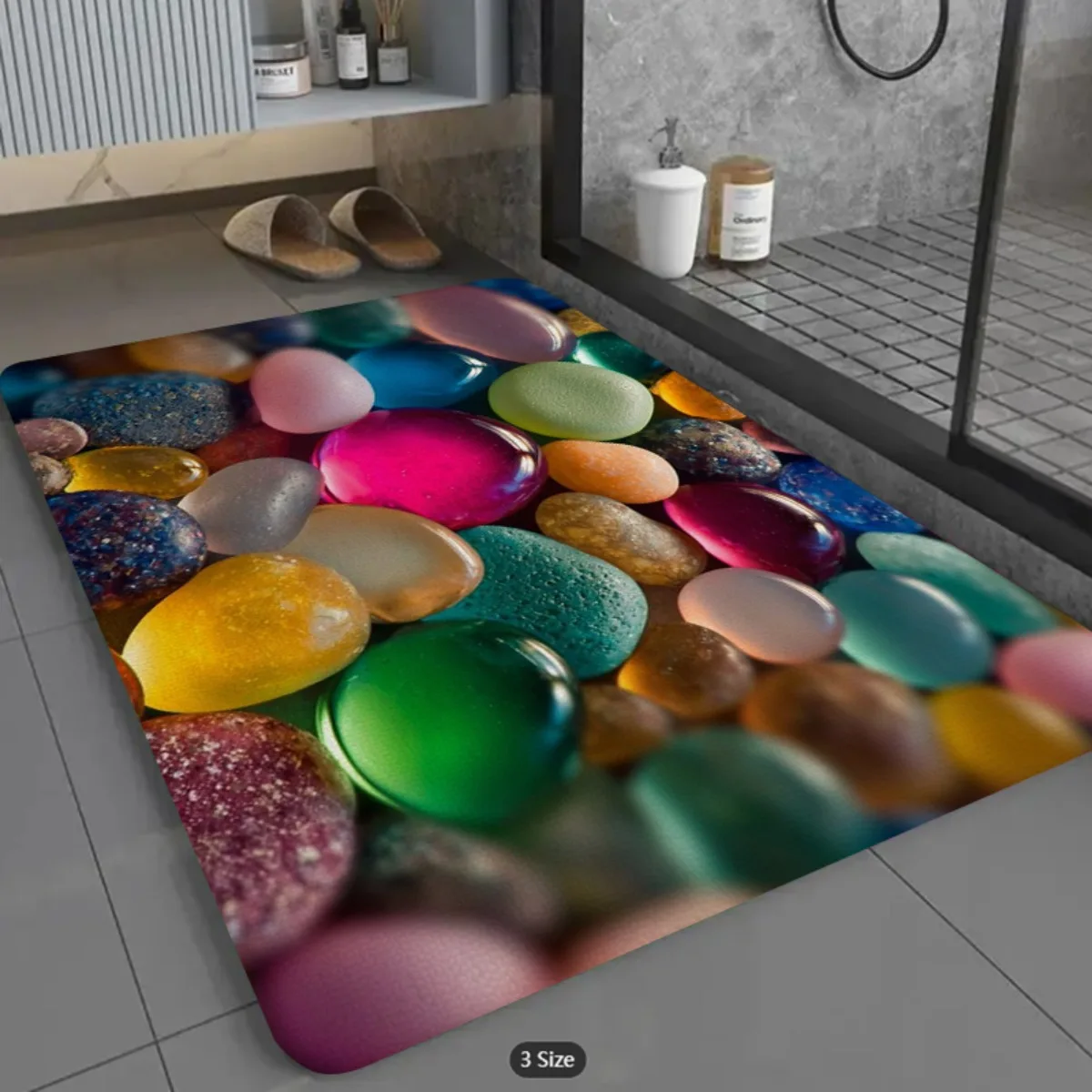 1pc 2D Flat Colorful Pebbles Stones Texture Flannel Bath Mat Non Slip Spa Style Rug For Bathroom Shower Floor Decor