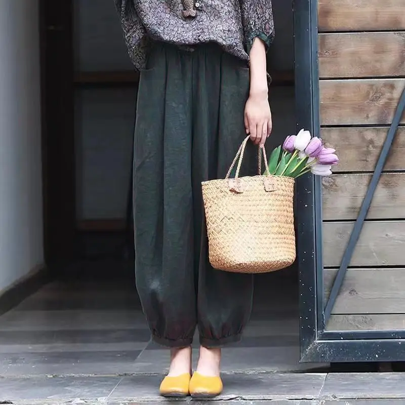 القطن الكتان فضفاض بلون اقتصاص السراويل النساء جديد الصيف البساطة مكتب سيدة واسعة الساق الاتجاه تظهر رقيقة سراويل تقليدية CQ6