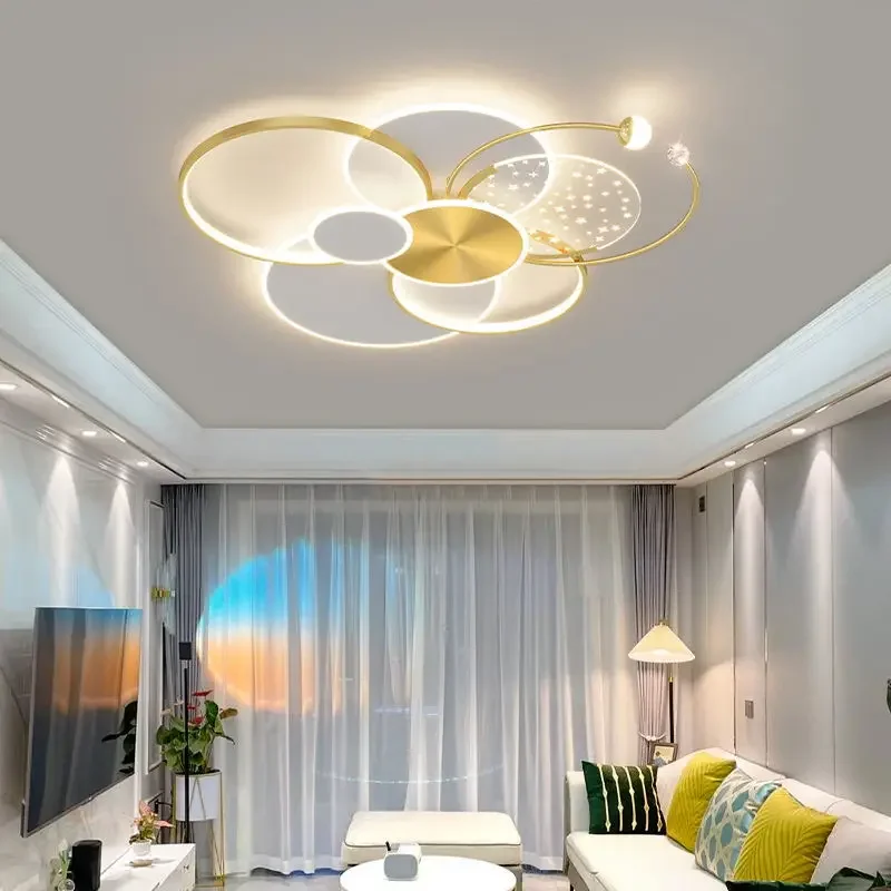 Round Living Room Led Chandeliers Luxury Bedroom Full of Stars Gold Chandelier Simple Modern Atmosphere Flush Mount Ceiling Lamp