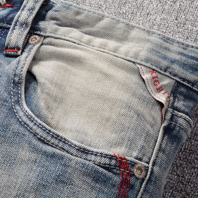 Street Fashion Men Jeans Retro Light Blue Stretch Slim Fit Hole Patched Ripped Jeans Men Embroidery Designer Vintage Denim Pants