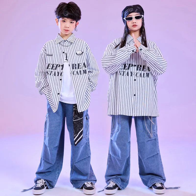 

Kid Hip Hop Clothing White Striped Shirt Casual Parachute Denim Jeans Baggy Pants for Girl Boy Jazz Dance Wear Costume Clothes