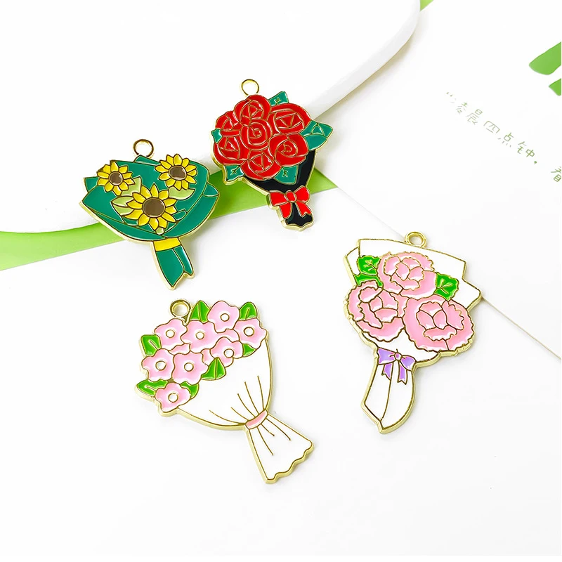10Pcs Flower Bouquet Enamel Charms, Rose Sunflower Carnation Alloy Pendants for DIY Jewelry Making Bracelet Necklace