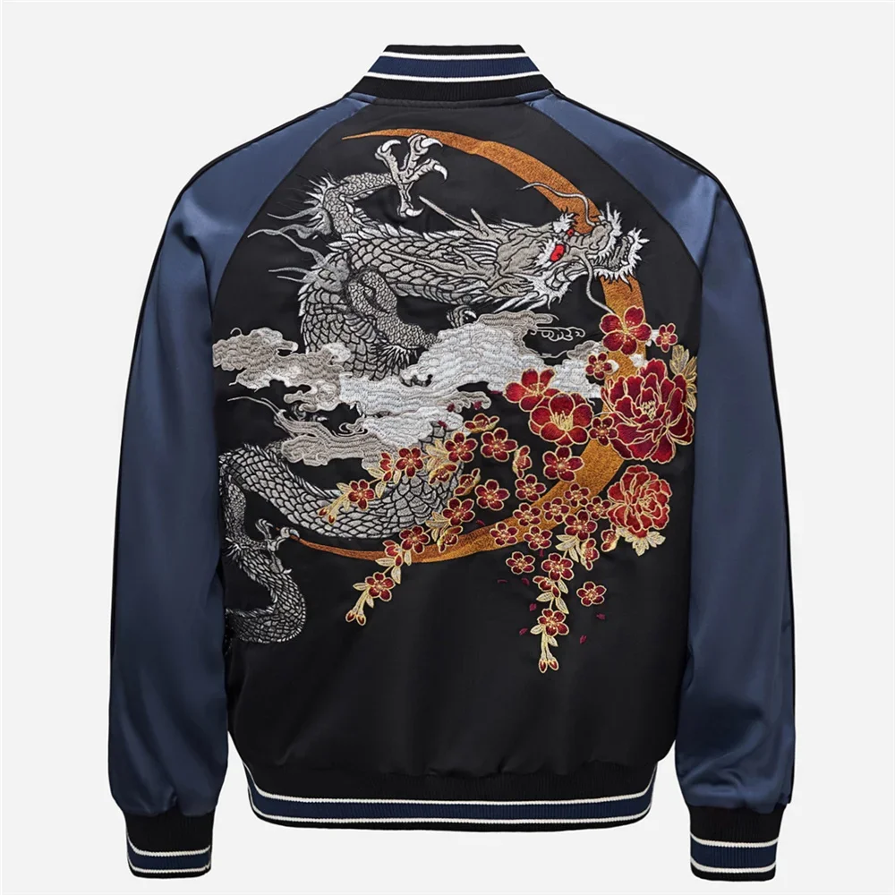 Hip Hop Streetwear Harajuku Motorcycle Jacket Baseball Jacket High Quality Dragon Embroidered Yokosuka Coat Men Motorcycle