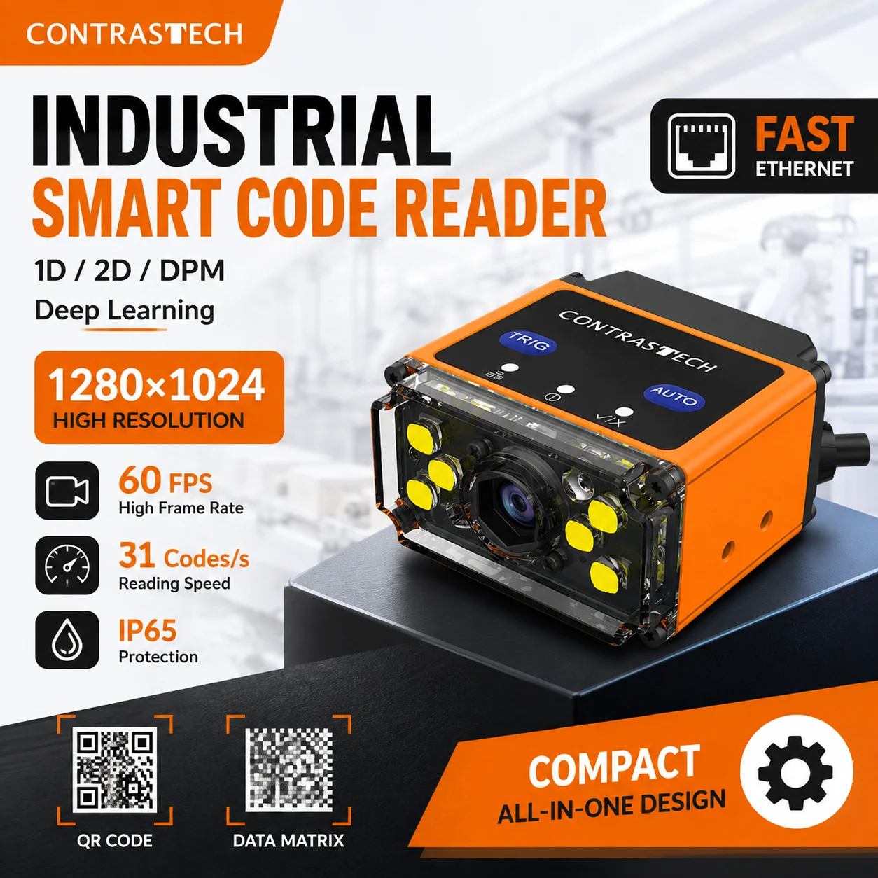 VRA1305S Industrial Barcode Reader 1280x1024 60FPS 1D 2D DPM Smart Code Reader Fast Ethernet for Machine Vision Automation