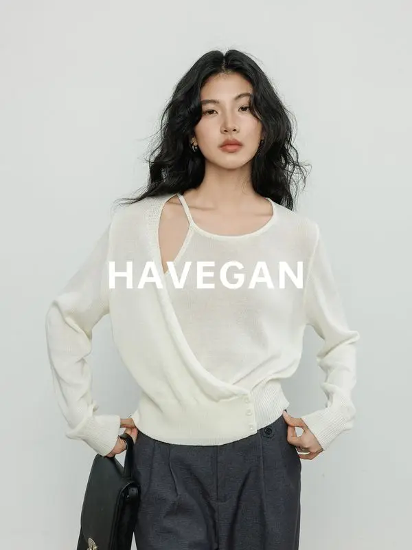 

Модный вязаный свитер в стиле ретро для женщин весной 2023 года, новый свободный топ с круглым вырезом и длинными рукавами, однотонный индивидуальный пуловер