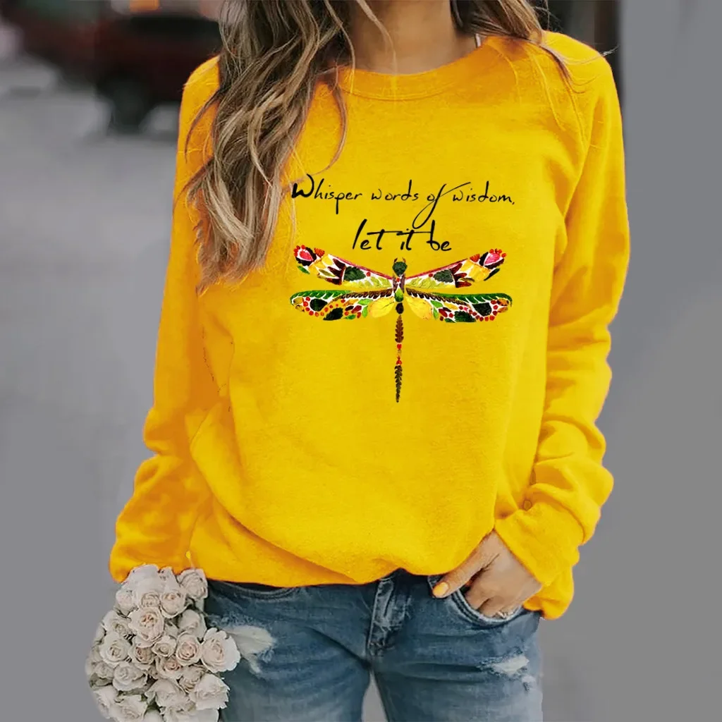 Independence Station Dragonfly Print Long-sleeved Crewneck Hoodie Woman Sweatshirt Sweatshirts Streetwear Women Clothes
