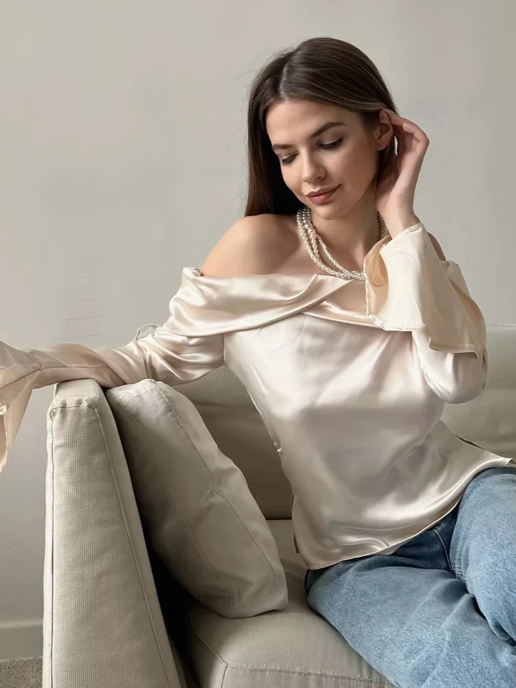 Elegant Draped T-shirts for Women 2025 New in Summer Sexy Backless Irregular Skew Collar Solid Color Long Sleeve Party Top