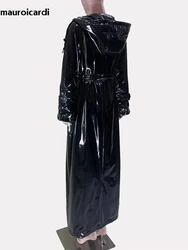 Mauroicardi Spring Autumn Cool Extra Long Shiny Reflective Waterproof Thin Black Soft Patent Faux Leather Coat Women with Hood