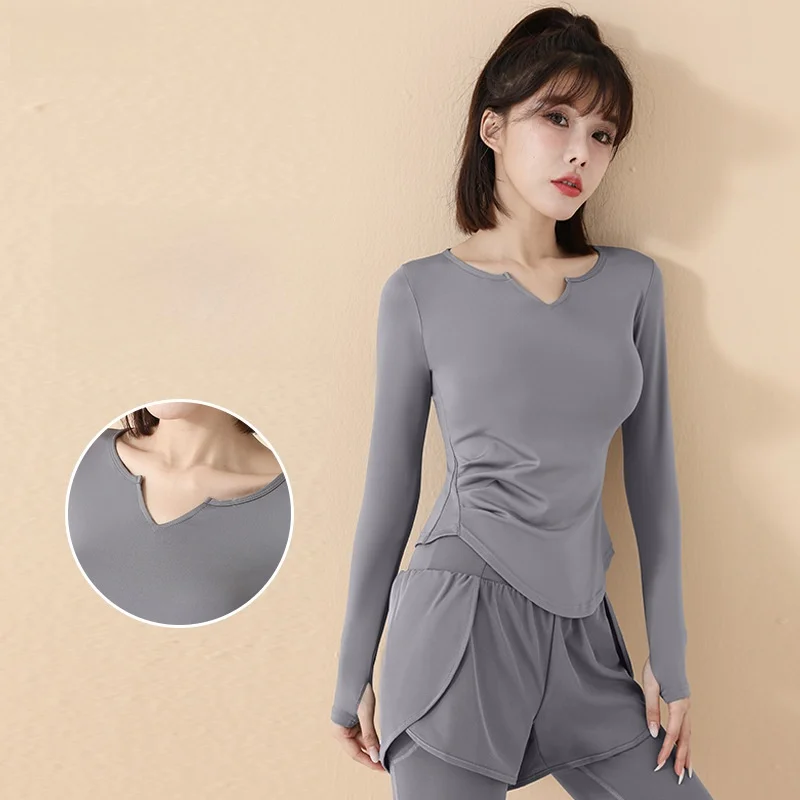 

Женский топ для йоги с v-образным вырезом, высокоэластичная спортивная одежда для похудения и фитнеса, быстросохнущая одежда с длинными рукавами для тренировок, бега, весна-осень