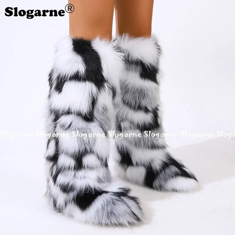 2024 Girls Winter Thigh High Fluffy Boots Ladies Furry Faux Fox Fur Long Warm Shoes Women New Designer Plush Knee High Fur Boots