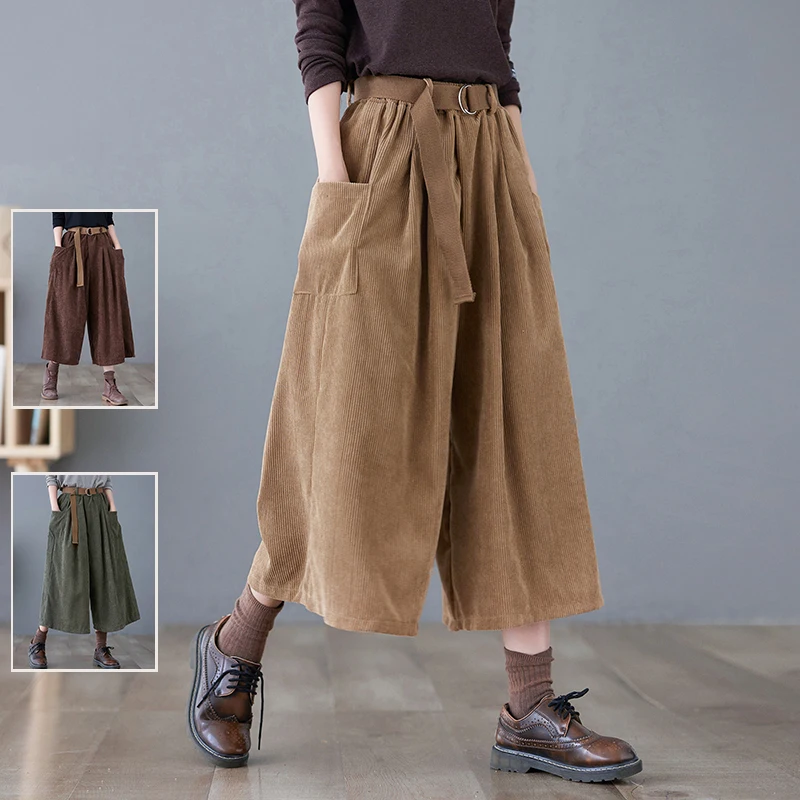 

Свободные цветные вельветовые повседневные брюки с юбкой в стиле ретро, большие размеры, женские модные тонкие прямые широкие брюки с высокой талией