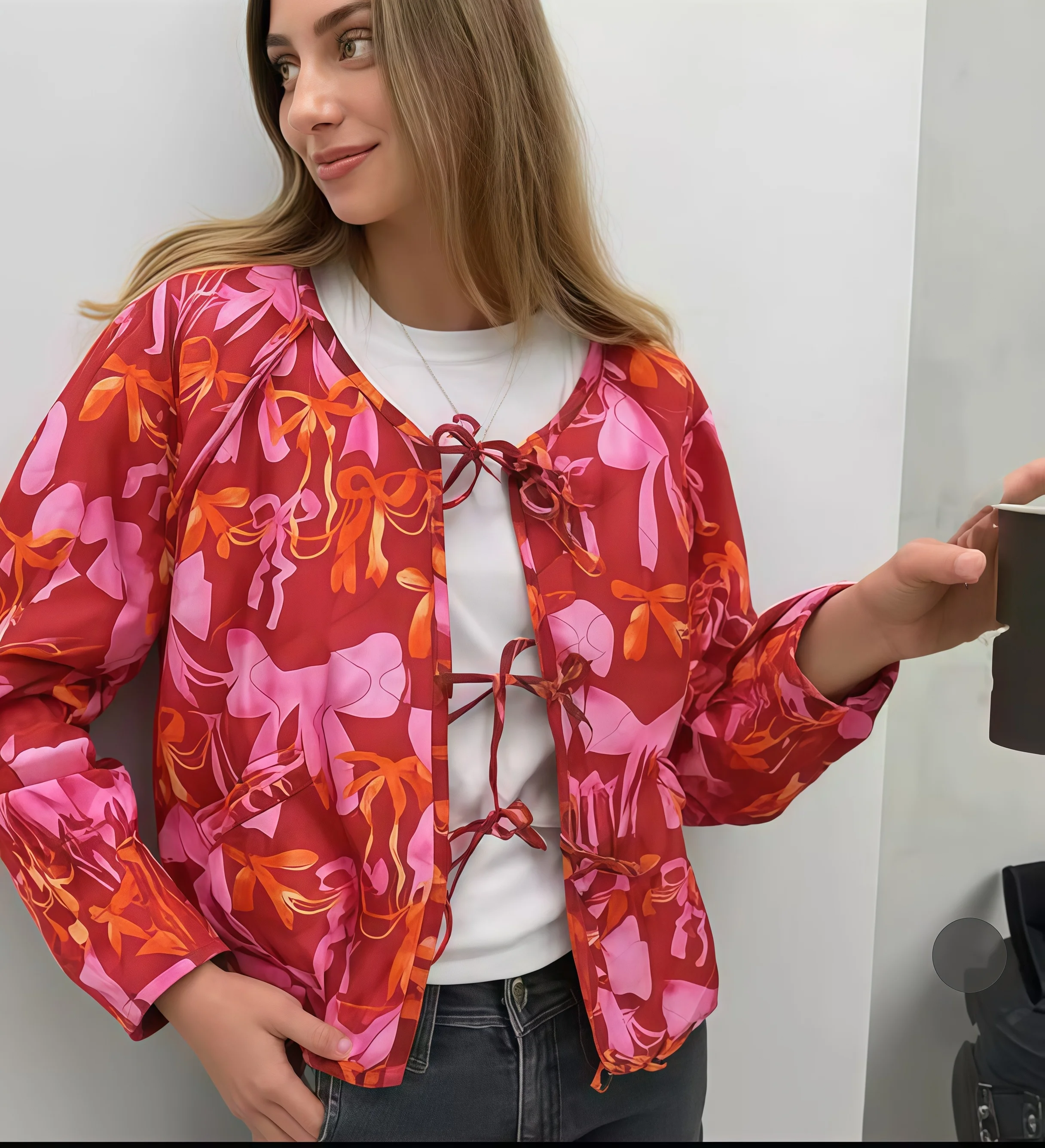 على الوجهين سترة مبطنة بالقطن ربطة القوس فيونكة الدانتيل يصل معاطف عادية الأزهار المطبوعة مبطن السترات النساء الخريف الشتاء معطف دافئ #1