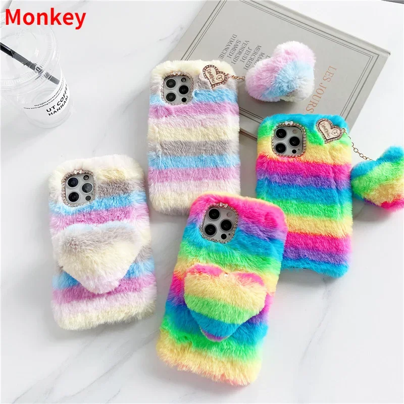 Cute Fluffy Fur Case Rainbow Phone Cases For Xiaomi Poco F4 M5S X6 X5 12T 13 Redmi Note 12 Pro 11A 10A 10C 12C A2 A1 Soft Cover