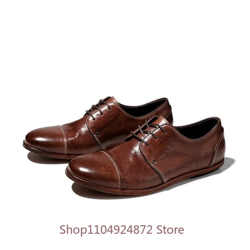 British Style Vintage Horsehide Handcrafted Casual Leather Shoes Genuine Leather Oxfords Lace Up Men Daily Office Dress Shoes