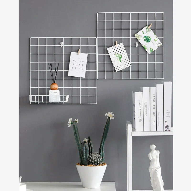 WHISM Multi-Function Iron Metal Grid Decor Photo Frame Wall Art Display Mesh Storage Shelf Organizer Rack Holder