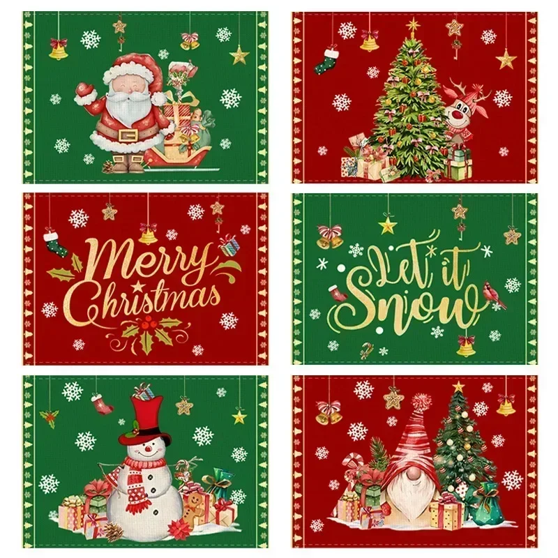 4/1pcs Christmas Cotton Linen Printed Placemats Linen Solid Color Snowman Holiday Santa Claus Decor Dining Table Insulation Mats