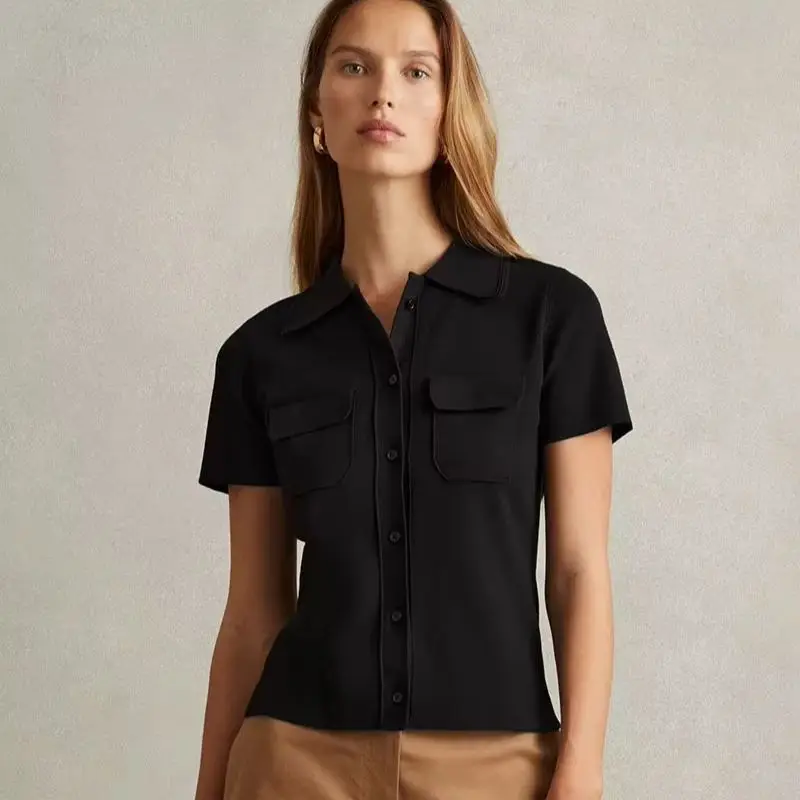 Women POLO Collar Knit Short Sleeve Top Double Pockets Button Up OL Work Soft Stretch Solid Knit Casual Blouse