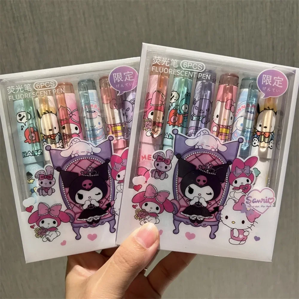 6pcs/box Kawaii Sanrio Cartoon Cute Hello Kitty Kuromi Pupil Diary Note Key Point Highlighter Study Stationery Festivals Gift