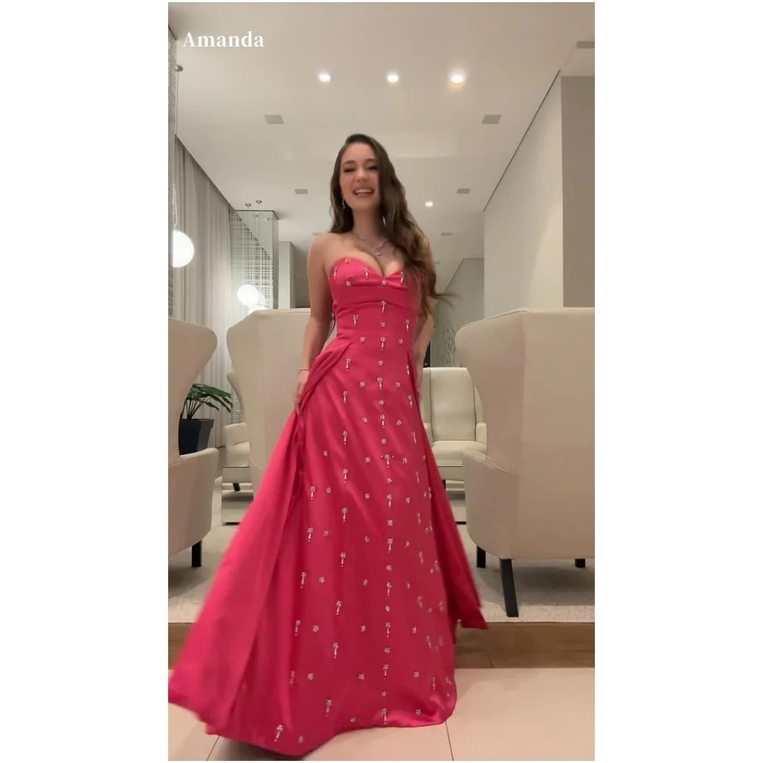 

Amanda Customized Rose Red Beaded Strapless A-line Prom Dress Backless Sleeveless vestidos de noche Floor-Length Formal Evening