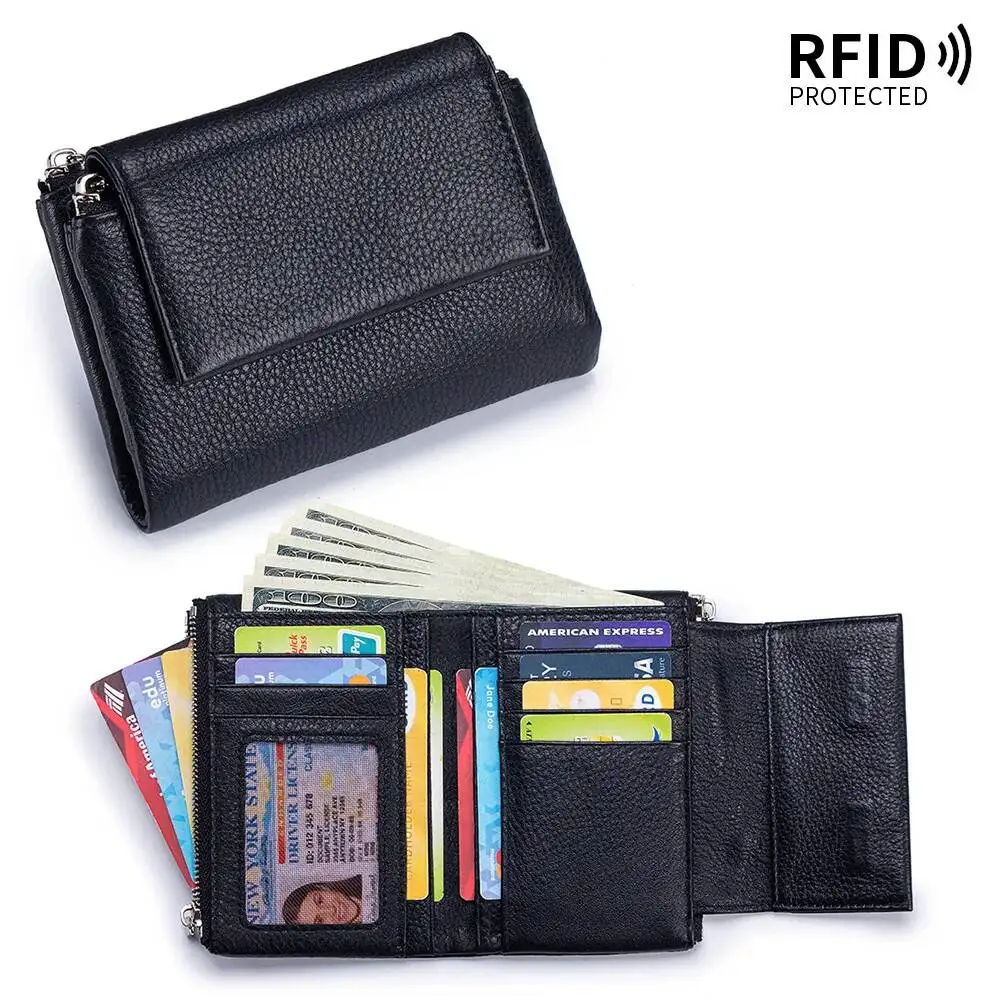 New Lady Coin Wallet Large Capacity Storage Bag Genuine Leather RFID Short Wallet Fashionable Women's Purse Textured Clutch Bag
