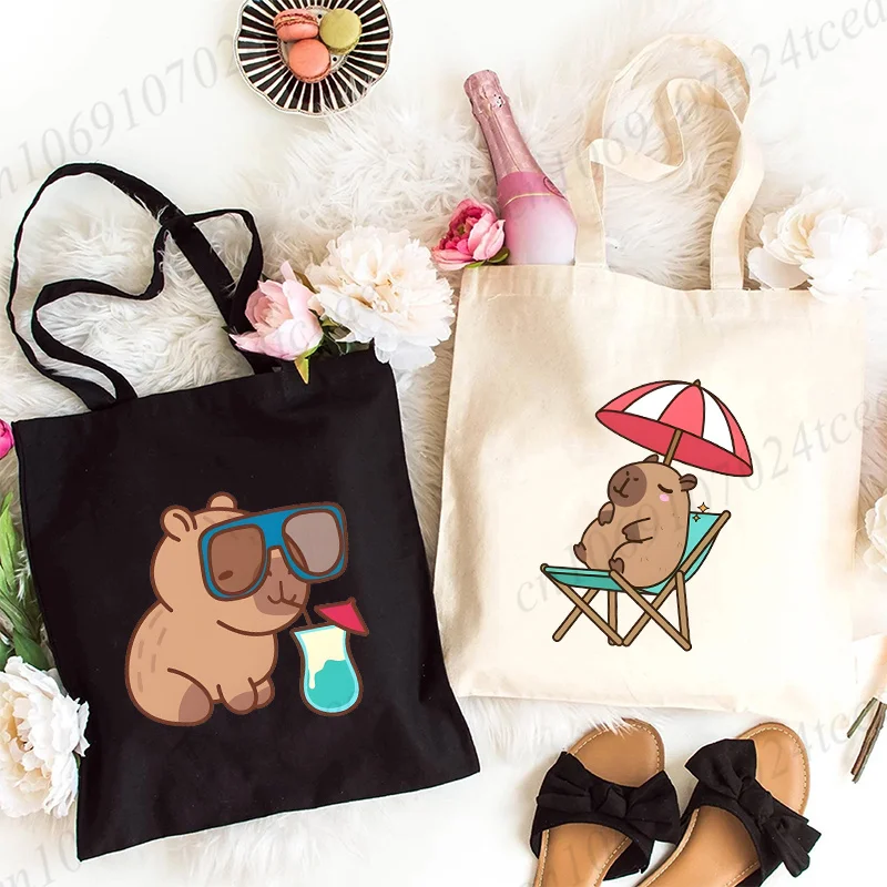 Summer Vacation Capybara Canvas Bag for Women Beach Shopper Handbags Reusable Shoulder Tote Bag Cartoon Animal Girls Hand Bag