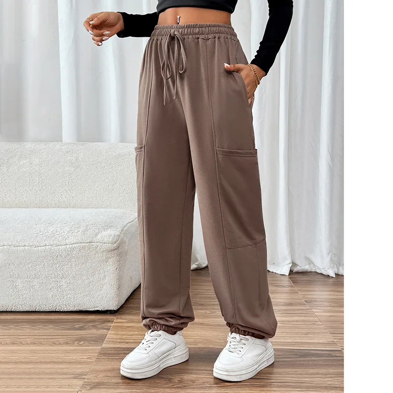 Solid Color High-waist Lace-up Casual Long Pants with Pockets, Women's Autumn and Winter Fashion Elastic Waist Girdle Leg Pants
