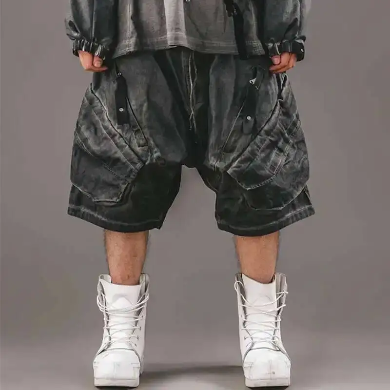 HKSH Summer New Men Tide Dark Techwear Waste Land Ins Dirty Washed Shorts Dirt  Niche Multiple Pocket Cotton Loose Capris HK4676