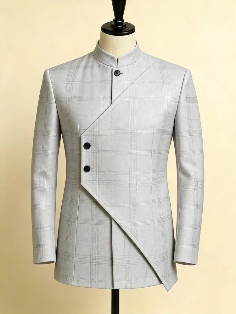 Mens Mandarin Collar Oblique Plaid Blazer Slim Fit Asymmetric Button Suit Jacket New Chinese Style Formal Wedding Outerwear