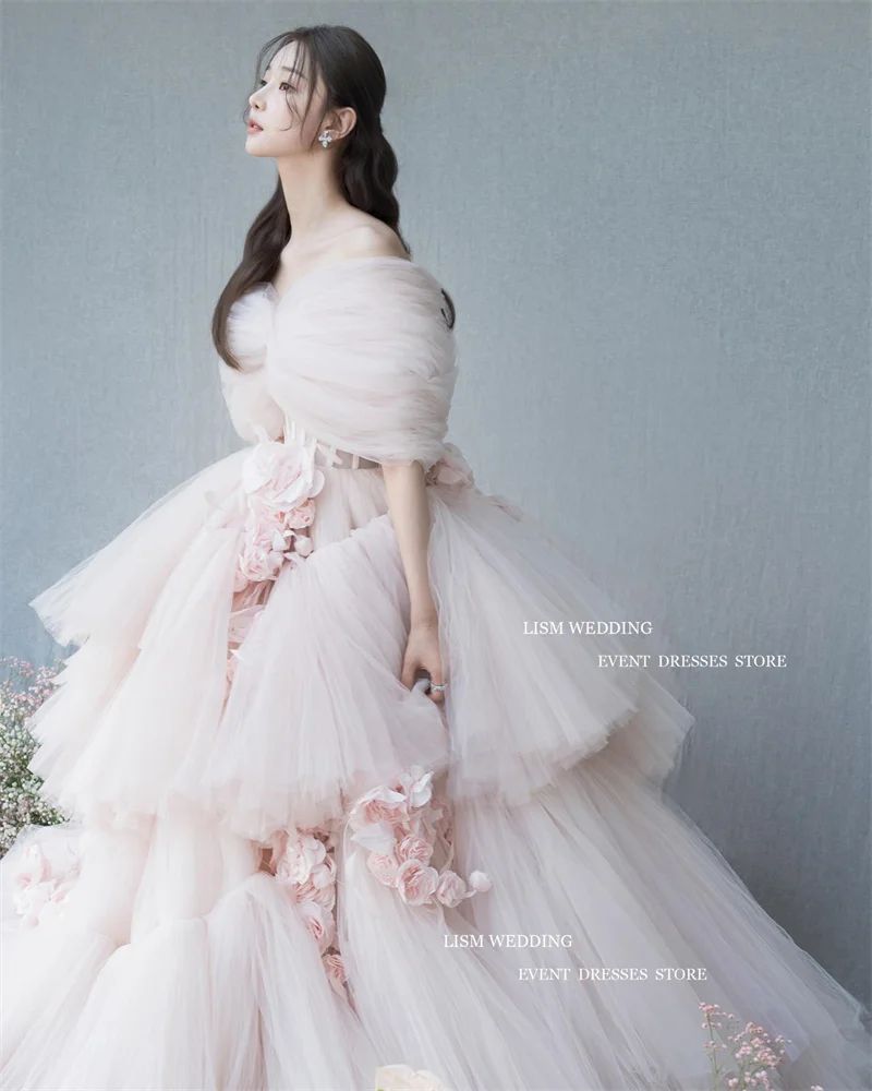 LISM Fairy Pink Tulle A-Line Evening Dresses Korea Photo Shoot 3D Flowers Teired Ruffles With Jacket Formal Occasion Dress