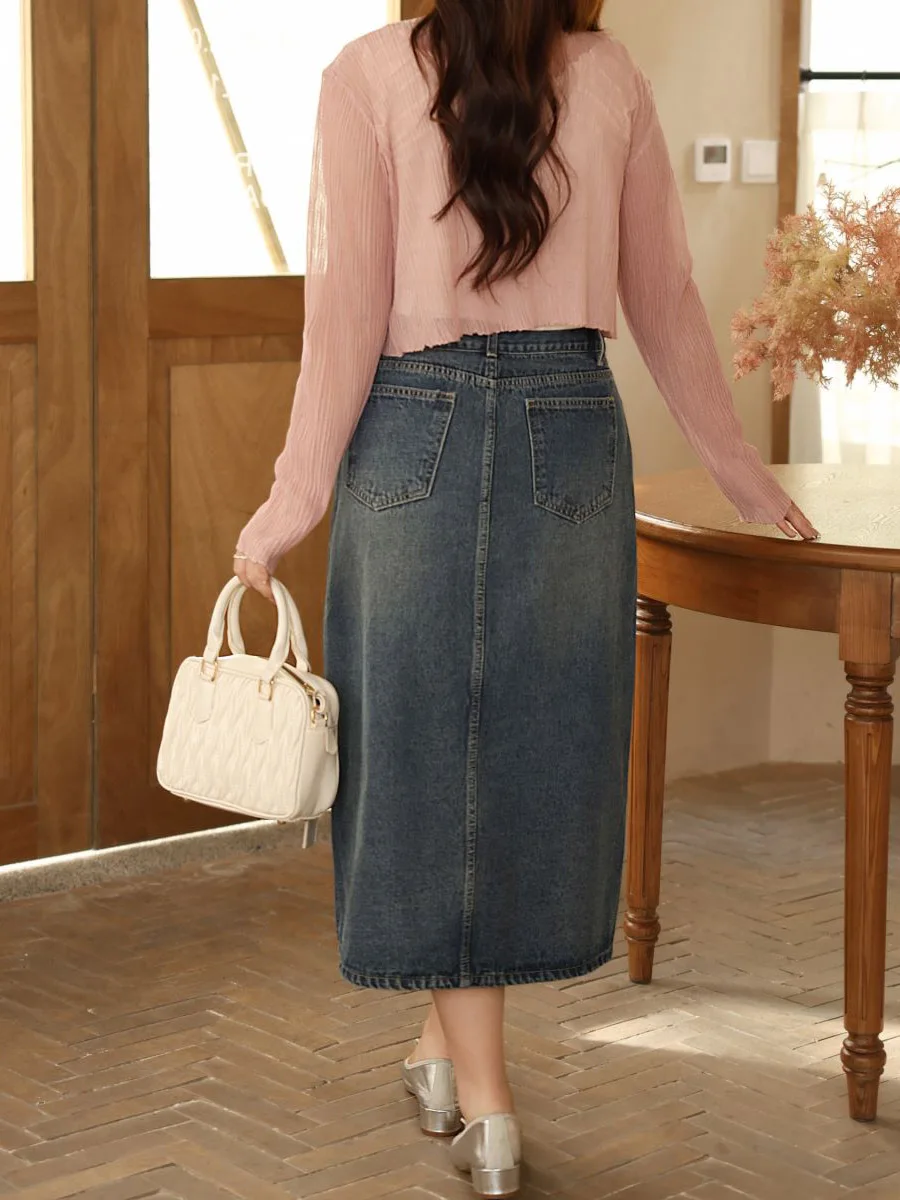 Women's Denim Straight Loose Long Skirt, Vintage Split Jean Skirt, Good Quality, Spring, Summer, 2024