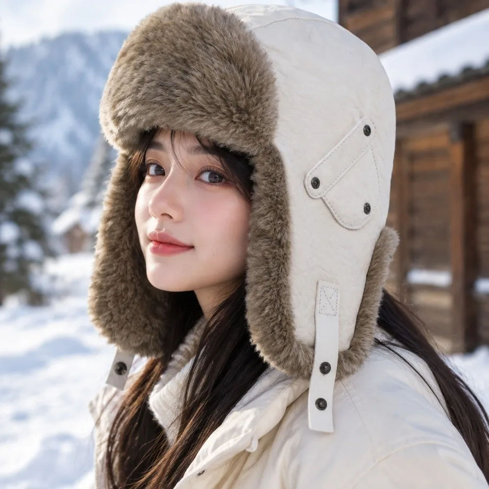 Retro Vintage Pu Leather Pilot Hat Plush Thicked Winter Ski Cap Leather Buckle Side Rivets Ear Protection Hat Mountaineering