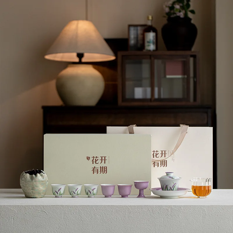 Flowers bloom, hand-painted Kung Fu tea set, cover bowl, tea cup, complete set of gift boxes, literati ceramic tea set