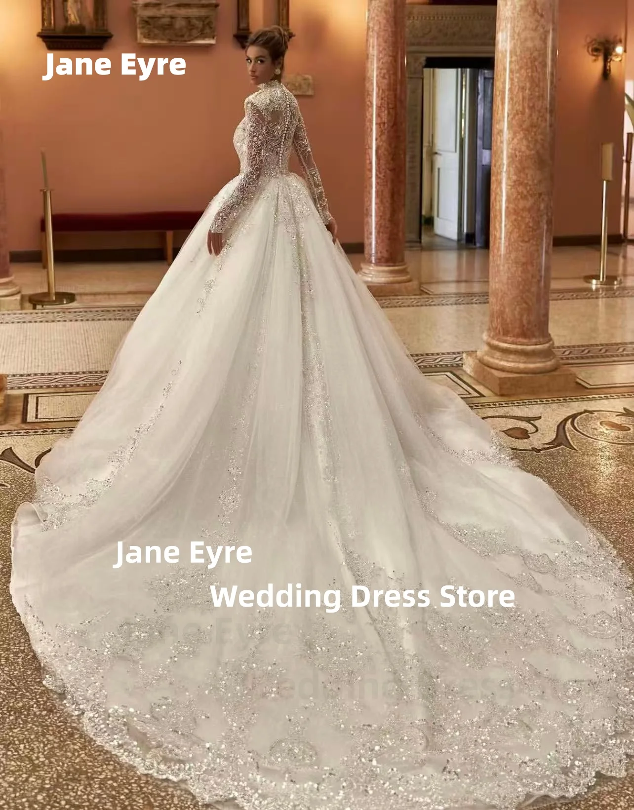 ジェーン・エア魅力的なハイネックのウェディングドレス女性のための花嫁長袖レース Vestido デ カサメントパーソナライズされたカスタマイズ