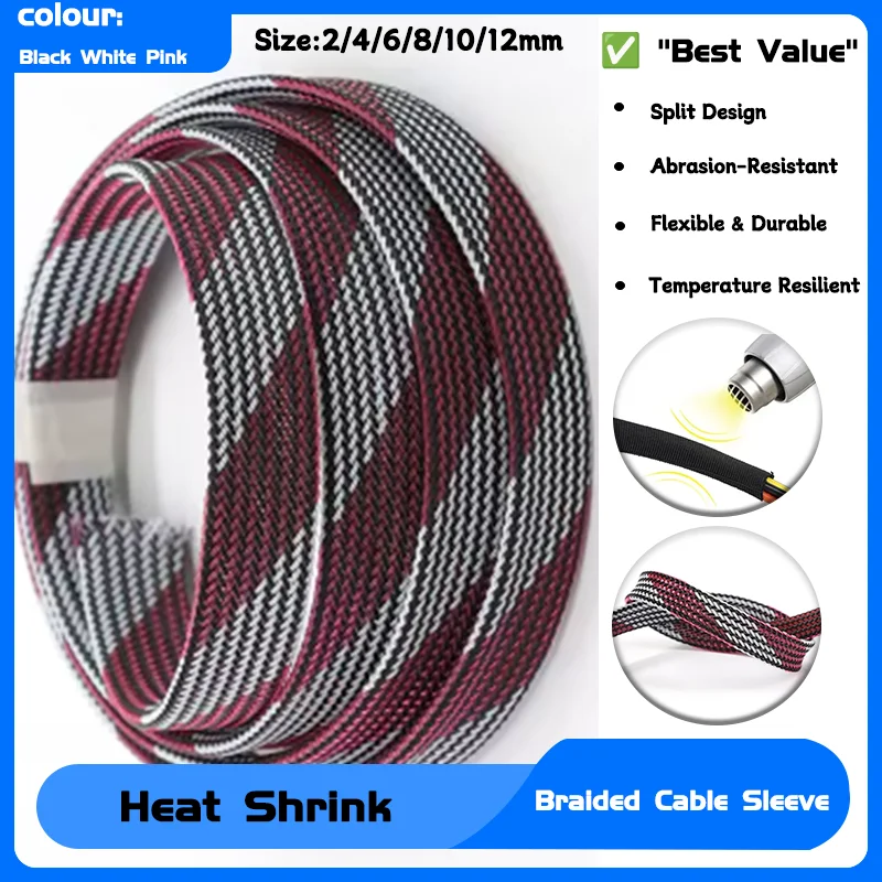 

2/4/6/8/10/12mm High Density Sleeving Snake Skin Cable Wrap Sheath For Electric Cables 1~50m Black White Pink PET Braid Sleeve
