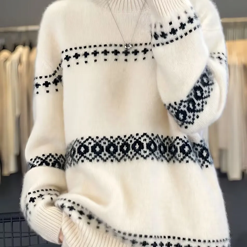 Autumn Winter 100% Pure Wool Sweater Jacquard Retro Pullover Thick Sweater Women's Round Neck Knitted Loose Warm Fashionable Top