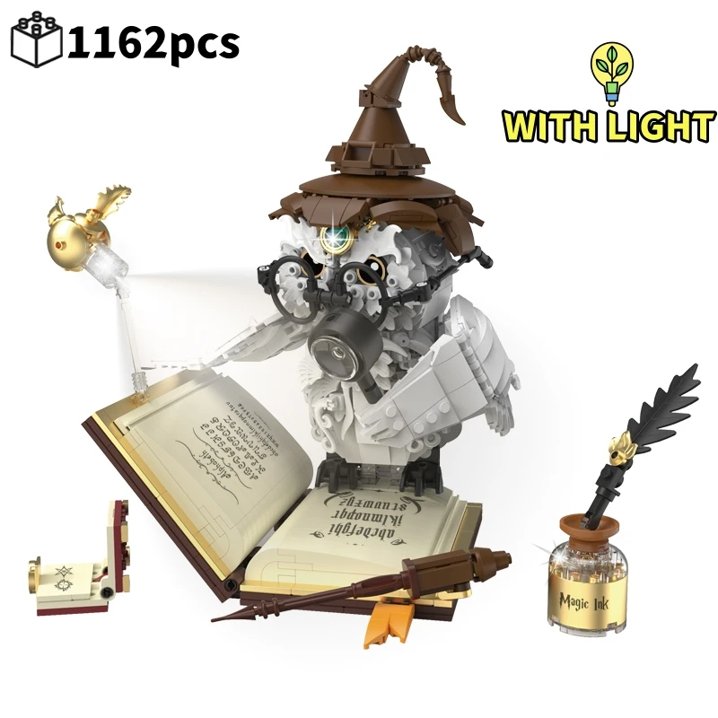 Magische Welt Eule Arzt Magisches Buch und Lichter Bausteine Ziegel Tier Vogel Modelle Jungen Montage Spielzeug Kind Weihnachtsgeschenke