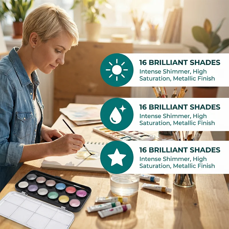MOTARRO 16 Colors Semi-Moist Watercolor Paint Set with Brush, Half Pan Watercolor Kit for Artists Beginners, Portable Painting